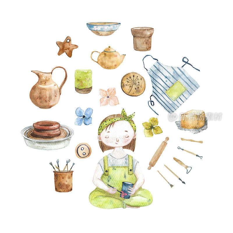 Big watercolor set. Female potter. Ð¡eramist decorating cup. Pottery wheel, pottery, pots, mug, vase, brushes, clay, handmade tools and equipments, apron. Pottery workshop. Artist during handicraft
